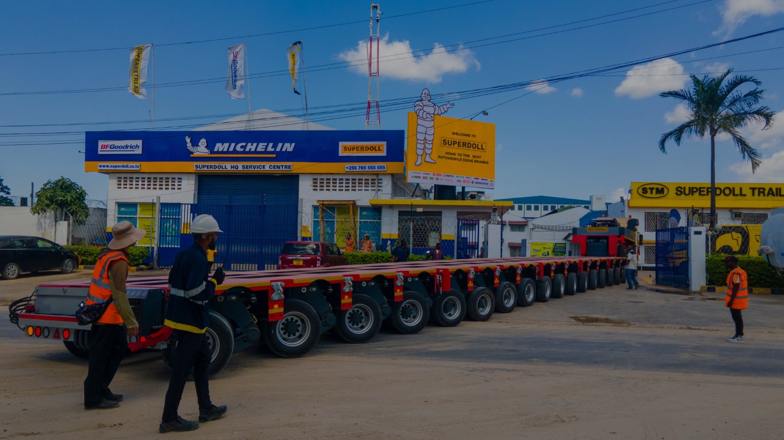 Superdoll modular trailer — low-bed multi-axle platform outside the Dar es Salaam service centre