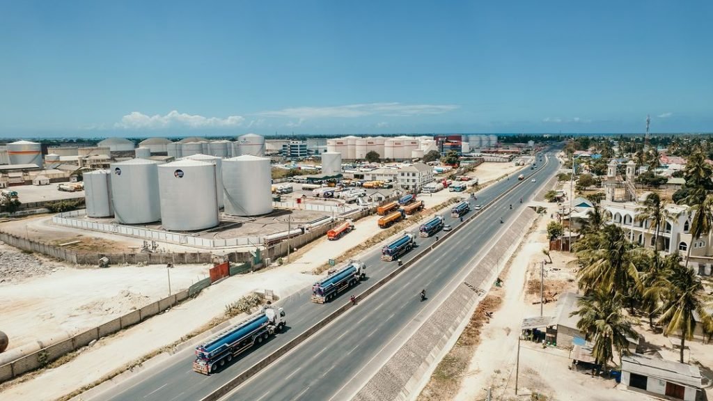 Superdoll fuel tanker fleet — aerial view of tanker trailers on Tanzanian highway